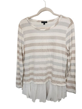 Cha Cha Vente M Striped Long Sleeve Tee Beige White With a sheer lace hem